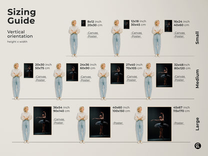 Sizing guide for ballerina art prints. Vertical orientation options available. Find the perfect fit for your space. Choose from canvas or poster prints in various sizes. Decorate your home with stunning ballet artwork in the ideal dimensions.