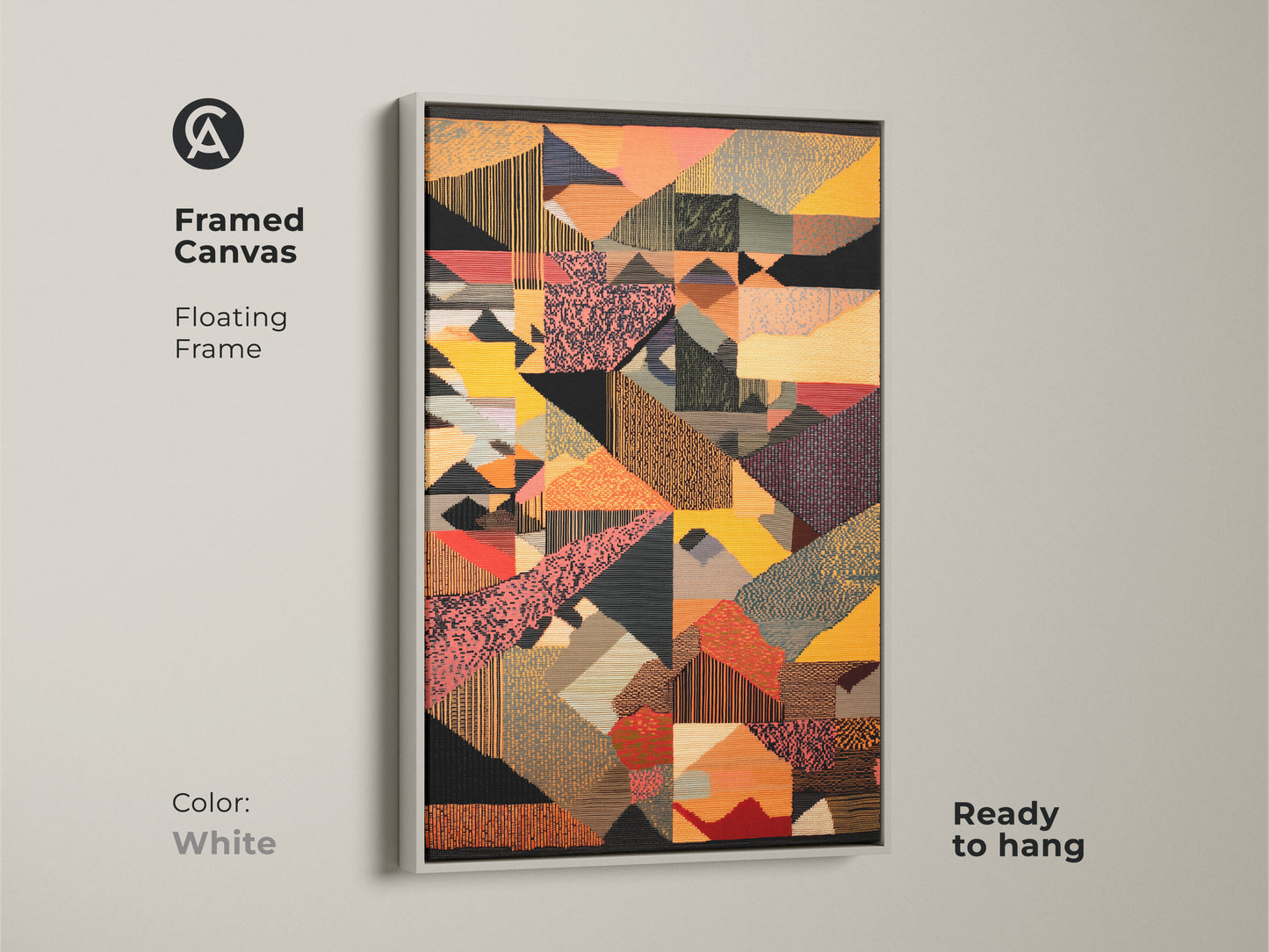 White framed canvas featuring abstract geometric artwork. This mid-century modern art print is ready to hang. The yellow red and orange tones add an eclectic touch. It is a unique housewarming gift for art enthusiasts.