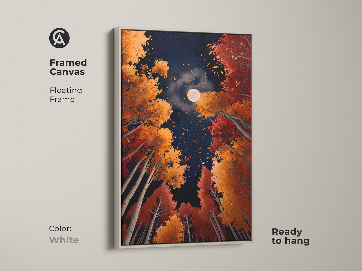 Enhance your space with 'Autumn Moon' framed canvas in white. This floating frame offers a clean and modern look. The artwork showcases colorful trees under a bright moon. Ready to hang and easy to match any decor. Perfect wall art.