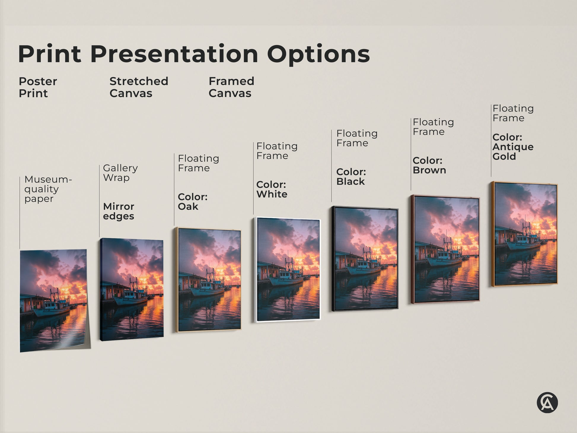Explore print presentation options for coastal sunset artwork. Choose from poster prints stretched canvas and framed canvas. Each option enhances the nautical fishing boat art. Find the perfect style for your beach house decor or as a summer sunset gift.