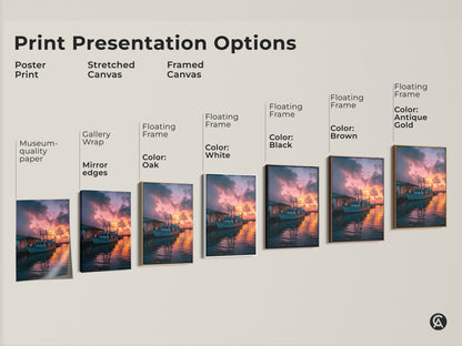 Explore print presentation options for coastal sunset artwork. Choose from poster prints stretched canvas and framed canvas. Each option enhances the nautical fishing boat art. Find the perfect style for your beach house decor or as a summer sunset gift.