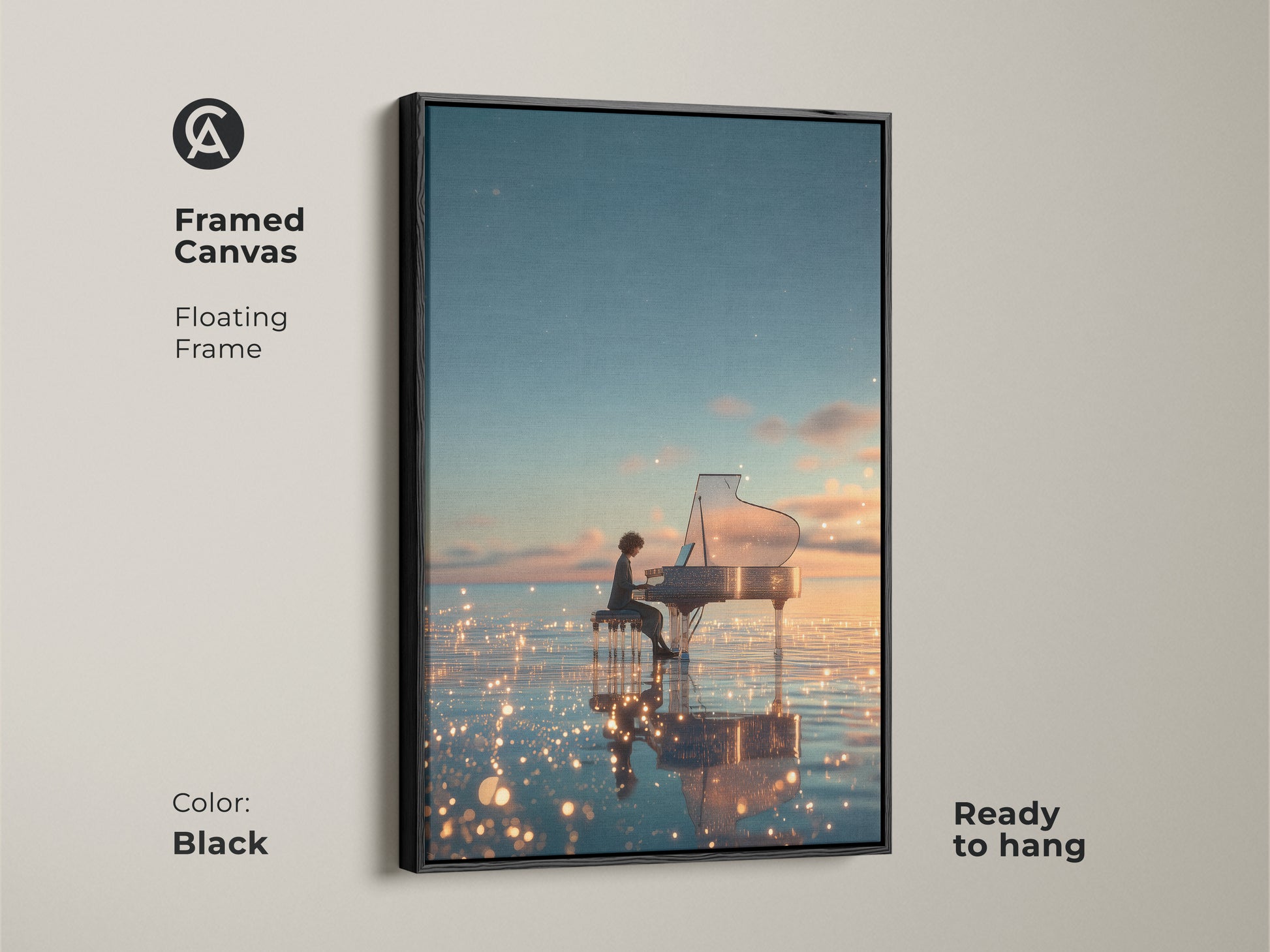 Framed in black this canvas artwork presents a surreal scene. A person plays piano on water under a magical sky. This floating frame is ready to hang adding a touch of sophistication.