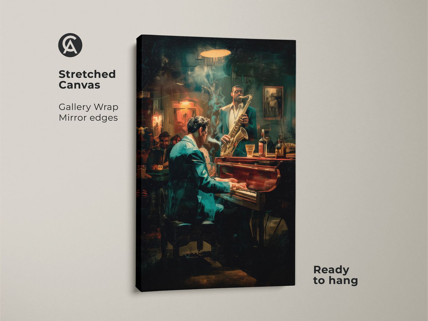 Elevate your space with this stretched canvas art. The jazz club scene features a pianist & saxophonist. The gallery wrap & mirror edges provide a clean modern look. Ready to hang this canvas adds musical charm to any room. Order yours today
