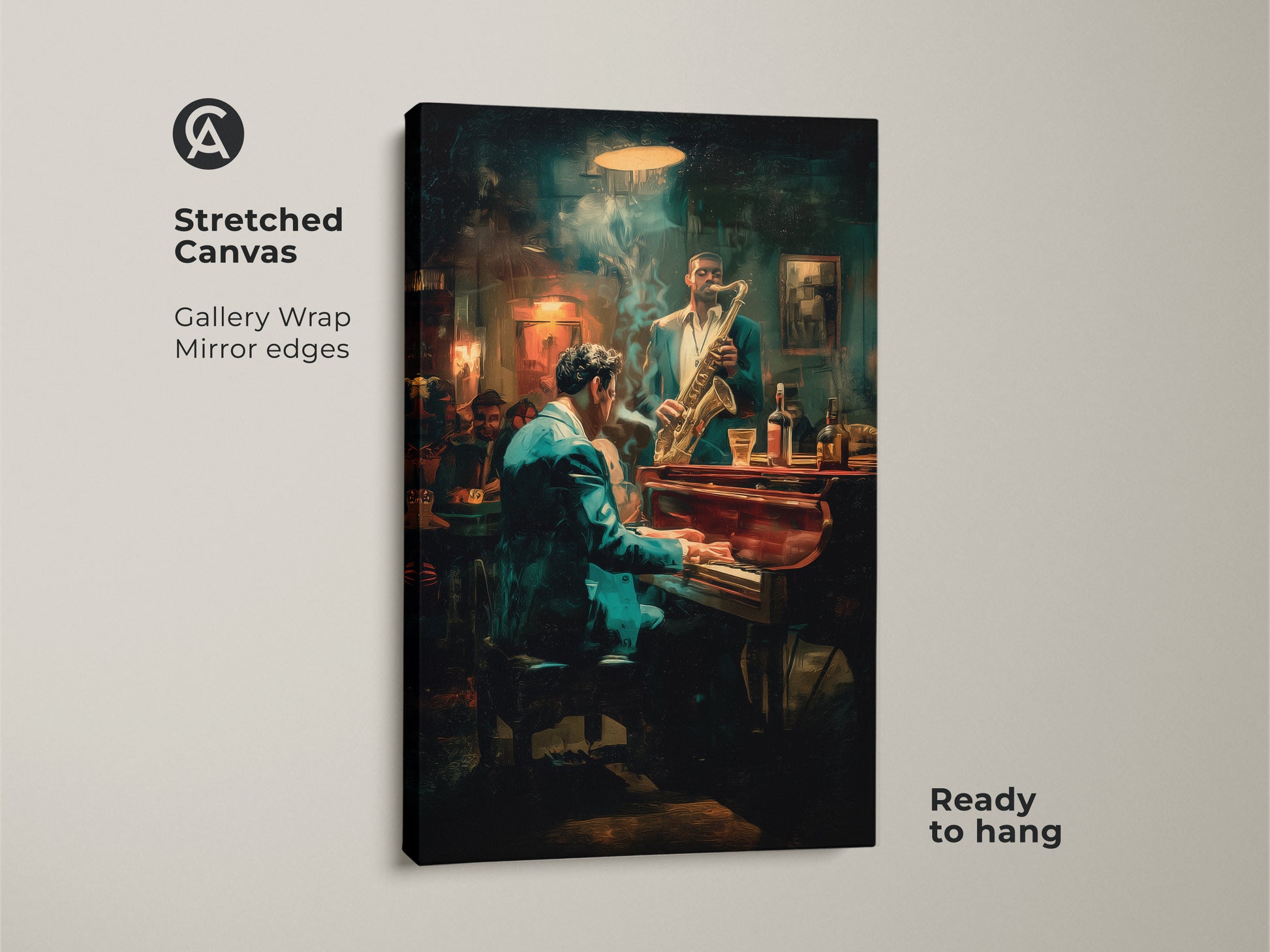 Elevate your space with this stretched canvas art. The jazz club scene features a pianist & saxophonist. The gallery wrap & mirror edges provide a clean modern look. Ready to hang this canvas adds musical charm to any room. Order yours today