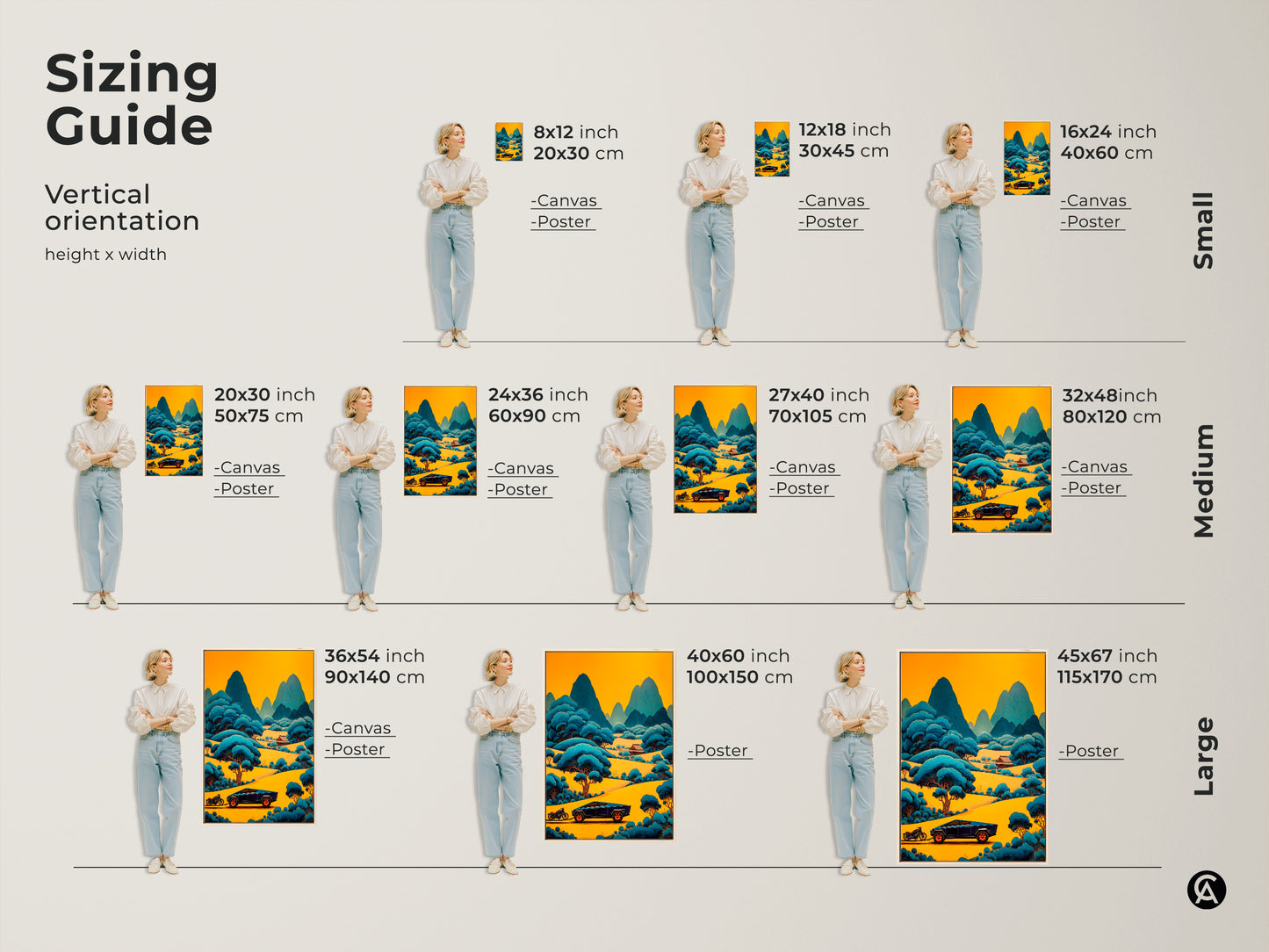 Sizing guide for yellow blue landscape art print. The stylized mountain road canvas is available in various sizes. Find the perfect modern eclectic decor fit for your space. Ideal for creating a unique and cool wall display.