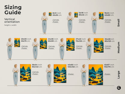 Sizing guide for yellow blue landscape art print. The stylized mountain road canvas is available in various sizes. Find the perfect modern eclectic decor fit for your space. Ideal for creating a unique and cool wall display.