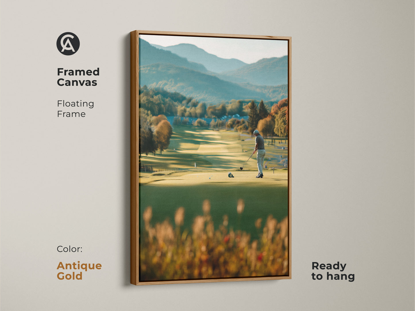 Add a touch of elegance to your space with this framed canvas golf artwork. This artwork depicts a golfer on a scenic course with mountains as a backdrop. The antique gold floating frame enhances the artwork's appeal. Ready to hang and display.