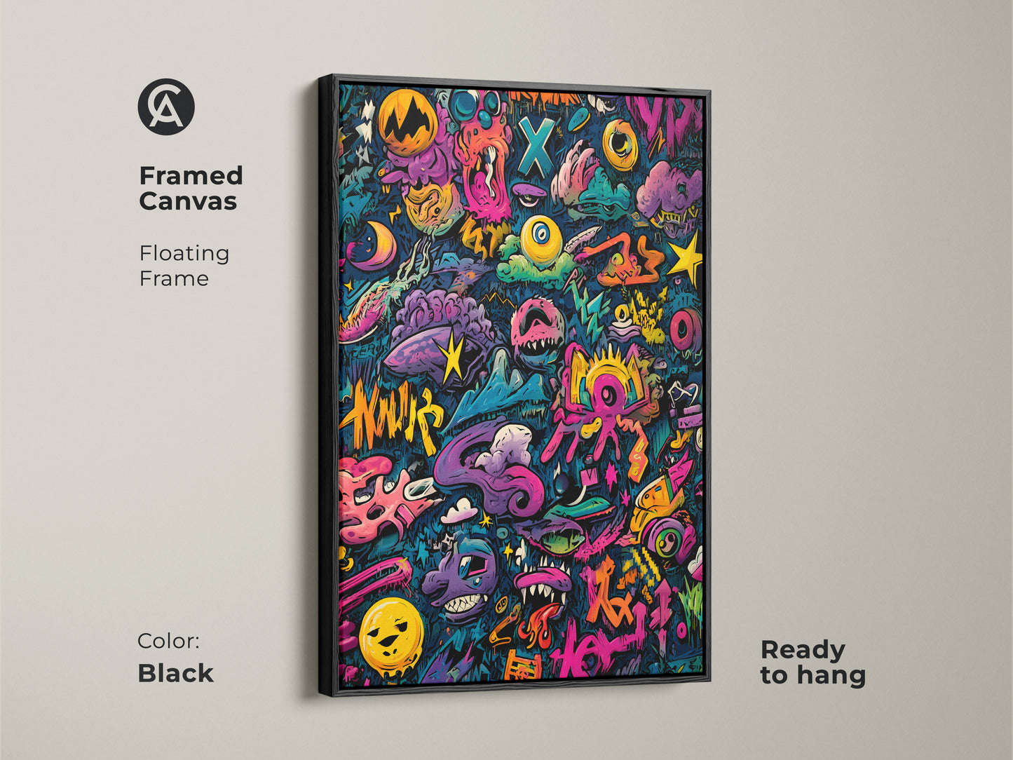 Framed canvas art with a black floating frame. The graffiti artwork features a variety of colorful characters and shapes. This ready-to-hang piece adds a modern touch to any space. The black frame complements the vibrant art perfectly.