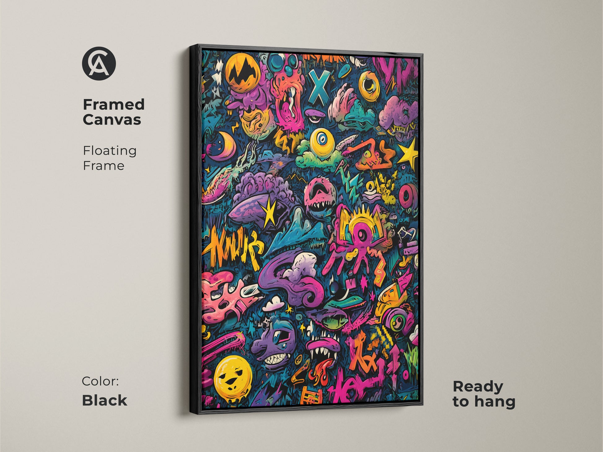 Framed canvas art with a black floating frame. The graffiti artwork features a variety of colorful characters and shapes. This ready-to-hang piece adds a modern touch to any space. The black frame complements the vibrant art perfectly.
