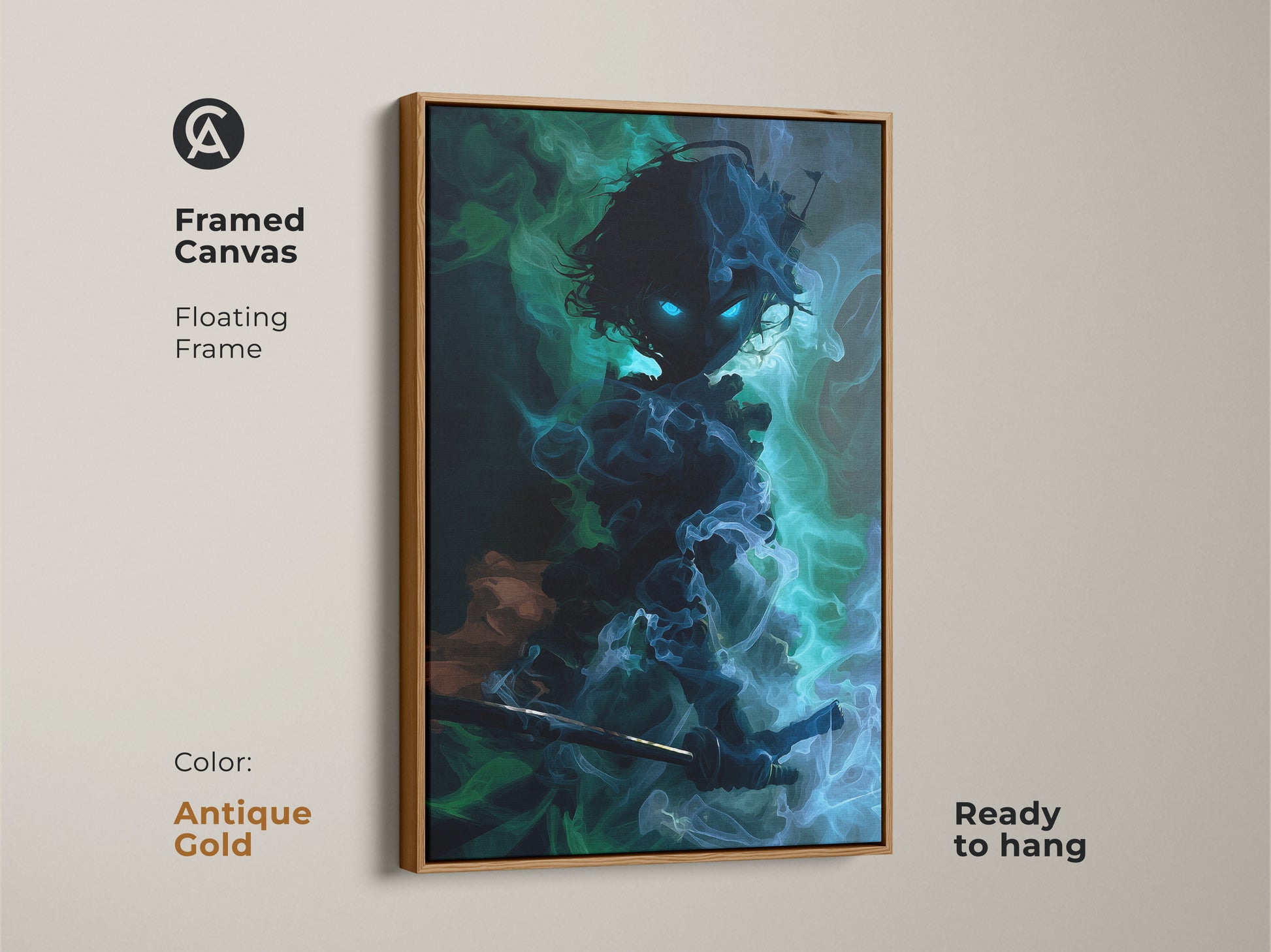 Framed canvas art featuring a dark fantasy warrior demon in antique gold. The floating frame enhances the eclectic anime artwork. Ready to hang this teal blue abstract piece.
