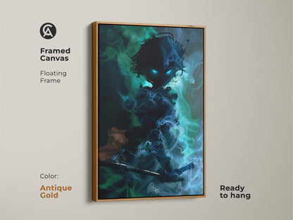 Framed canvas art featuring a dark fantasy warrior demon in antique gold. The floating frame enhances the eclectic anime artwork. Ready to hang this teal blue abstract piece.