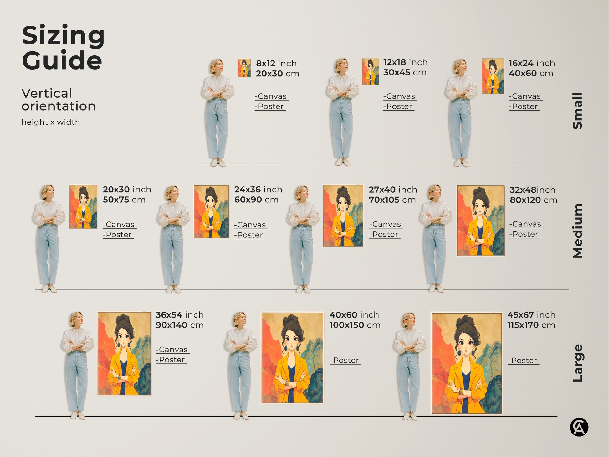 Sizing guide for vertical orientation art prints and canvas. Options range from small 8x12 inch to large 45x67 inch. Find the perfect size for anime woman portrait wall art. Available in canvas or poster to enhance your home decor with stylish contemporary fashion artwork.