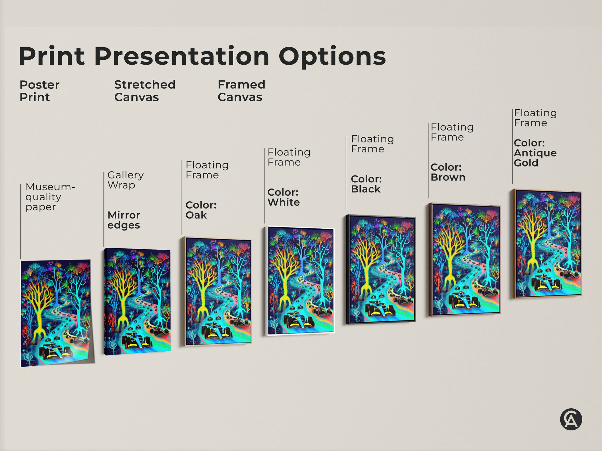 Explore the different print options. See our poster print stretched canvas and framed canvas. View the Floating Frame options with a variety of colors. Museum-quality paper and mirror edges are featured. Each bring this abstract neon Formula 1 artwork to life. Ideal for any F1 fan.