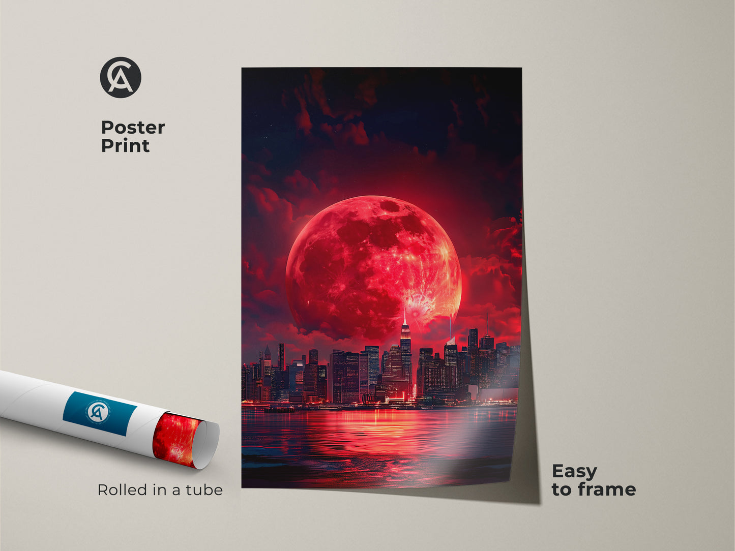 Poster print of a surreal cityscape beneath a large crimson moon is easy to frame. This fantasy skyline artwork arrives rolled in a tube for protection. It is an ideal contemporary art print for modern home decor for urban explorers.