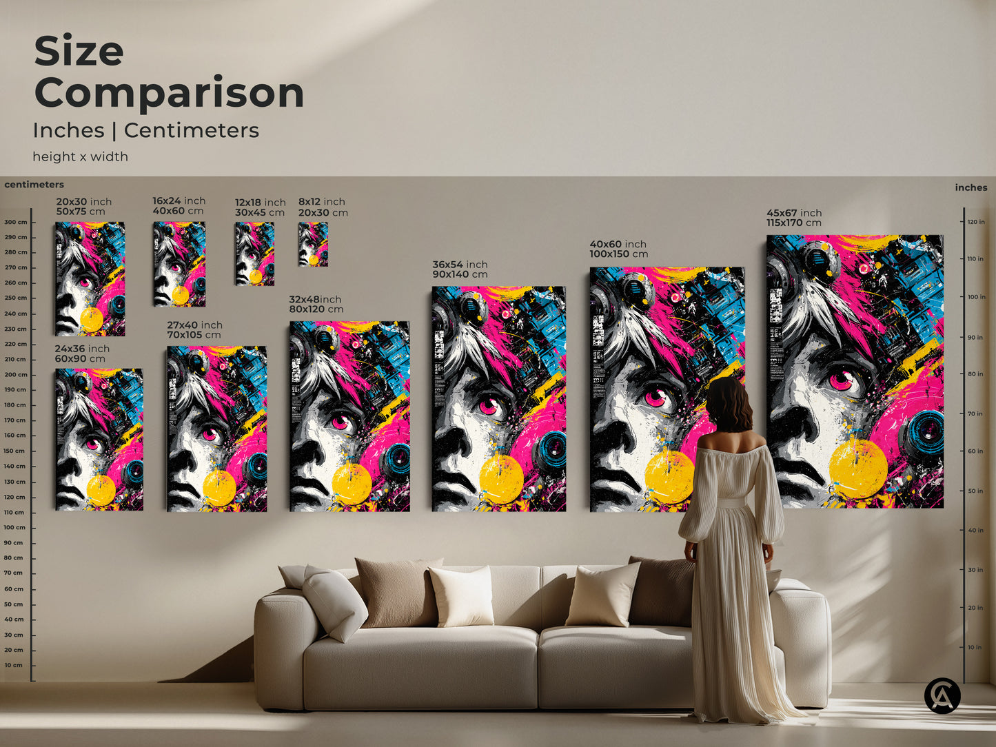 Size comparison of abstract portrait wall art. See how different sizes fit above a couch. Available in inches and centimeters. Choose from canvas and poster prints. Find the perfect size for your room. The artwork is vibrant and modern.