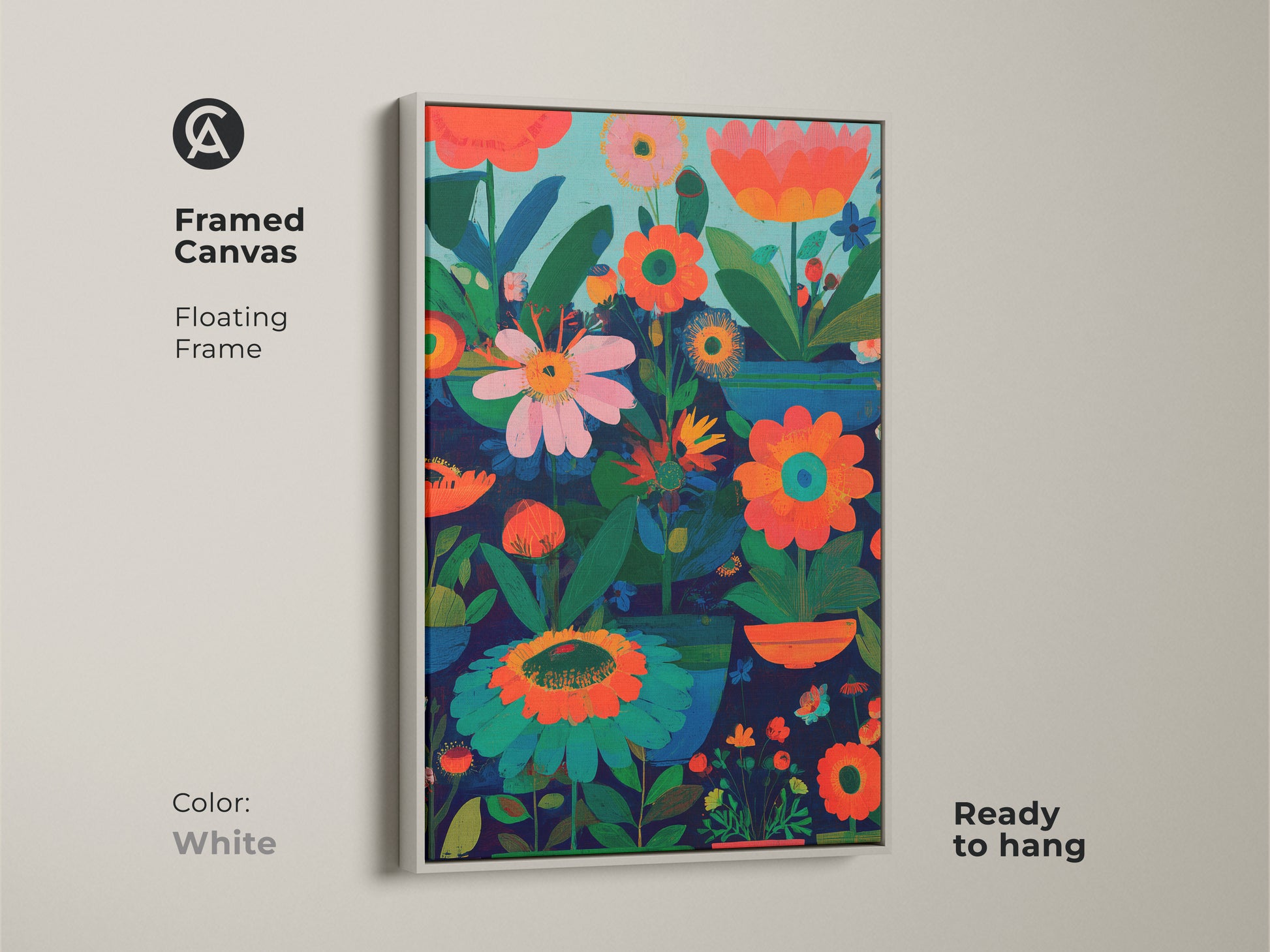 Framed canvas with floating frame displays modern folk art artwork. The abstract botanical wall art features a dark blue orange and teal palette. Ready to hang this boho floral decor enhances any space. It makes a great gift for plant lovers and complements eclectic living room decor.