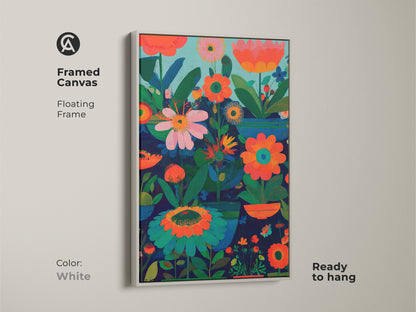Framed canvas with floating frame displays modern folk art artwork. The abstract botanical wall art features a dark blue orange and teal palette. Ready to hang this boho floral decor enhances any space. It makes a great gift for plant lovers and complements eclectic living room decor.