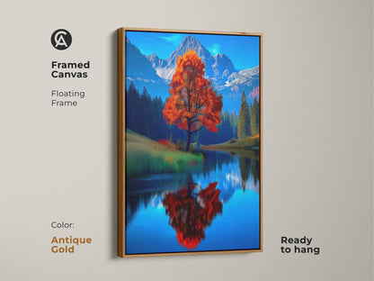 Framed canvas print featuring a fall landscape with a vibrant orange tree. The antique gold floating frame enhances this contemporary nature artwork. Ready to hang this impressionistic autumn scene will bring a touch of elegance to your space. Ideal for bedroom decor. A perfect housewarming gift for lovers of scenic mountain views.