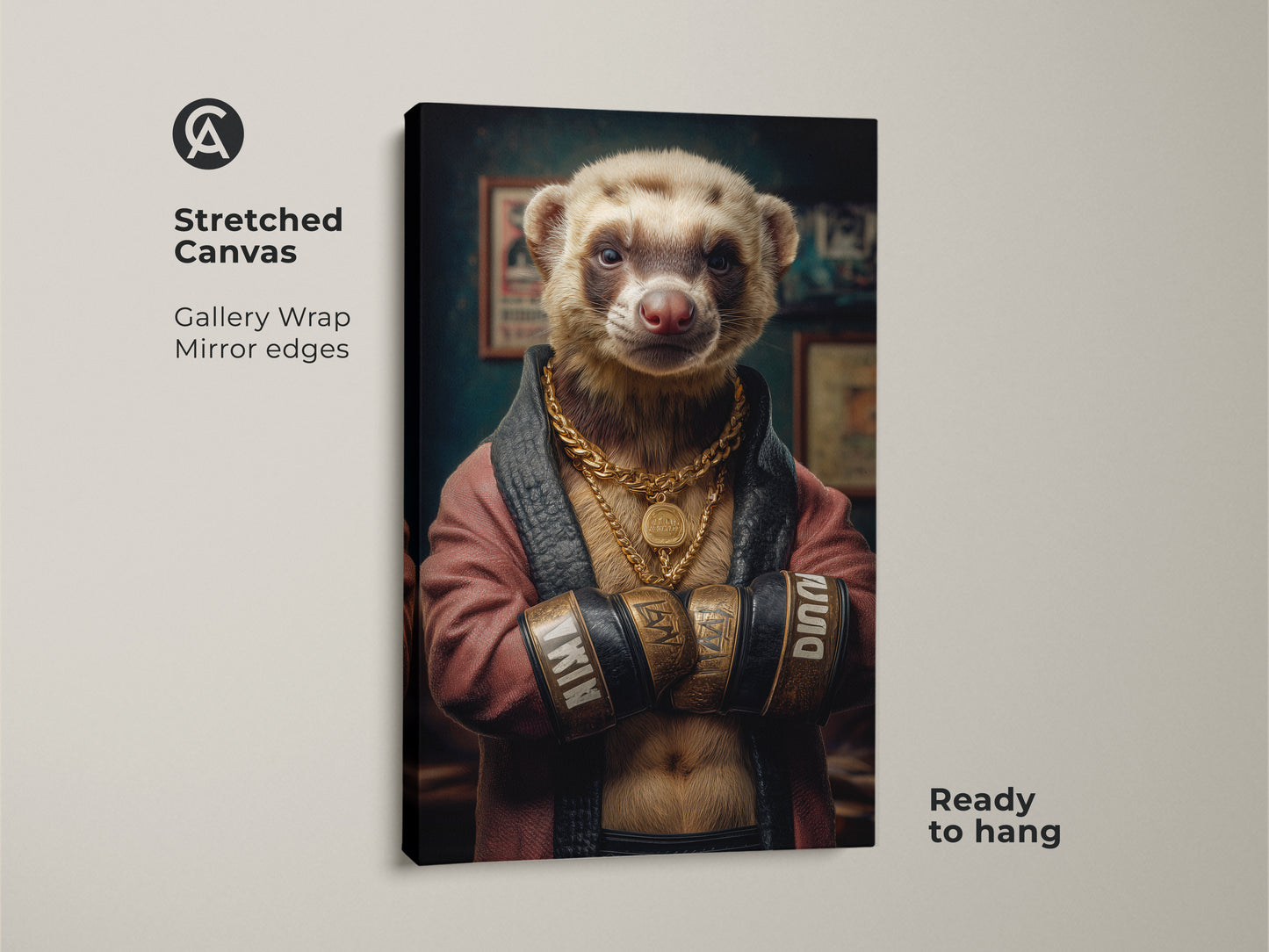 Stretched canvas featuring a ferret boxer art print. The gold chain ferret wall art is ready to hang. This anthropomorphic animal art brings humor to any room. A pop culture canvas print adds a touch of cool. Ideal as a gift for animal lovers who want unique wall decor.