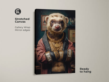Stretched canvas featuring a ferret boxer art print. The gold chain ferret wall art is ready to hang. This anthropomorphic animal art brings humor to any room. A pop culture canvas print adds a touch of cool. Ideal as a gift for animal lovers who want unique wall decor.
