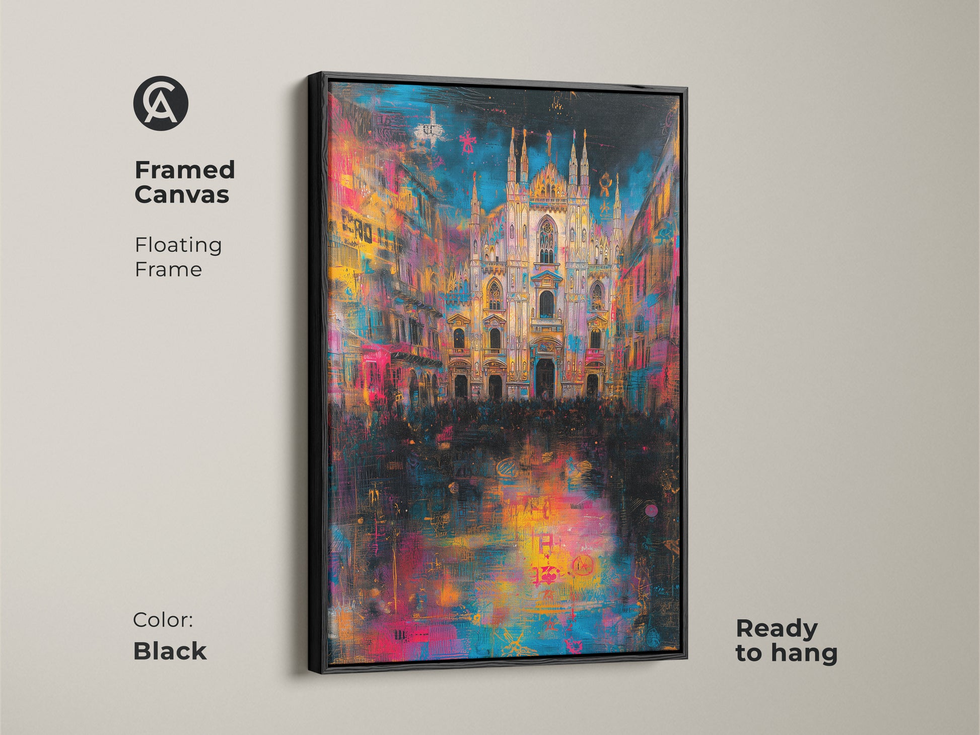 Framed canvas art featuring the Milan Cathedral. The floating frame adds depth to the artwork. The black frame enhances the colorful art. The canvas is ready to hang for easy display in your home.