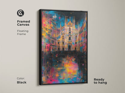Framed canvas art featuring the Milan Cathedral. The floating frame adds depth to the artwork. The black frame enhances the colorful art. The canvas is ready to hang for easy display in your home.