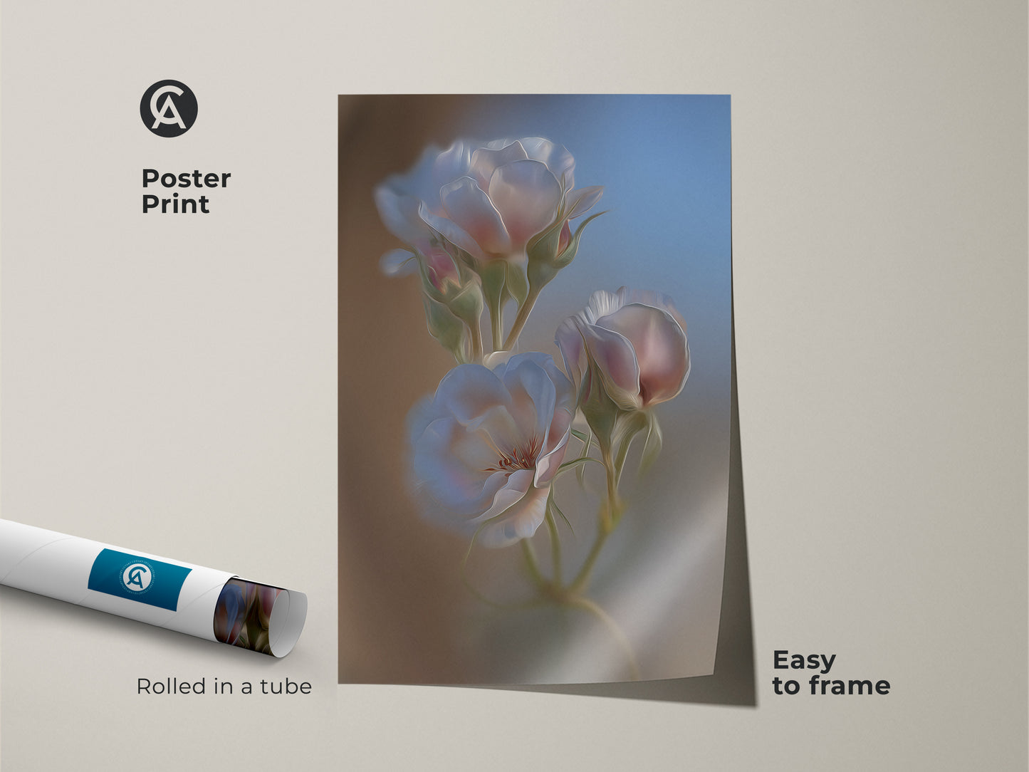 This is a delicate flower art print. The dreamy rose painting is rolled in a tube and easy to frame. The artwork features nature inspired wall art with blush pink and blue tones. This artistic floral print adds a serene touch.