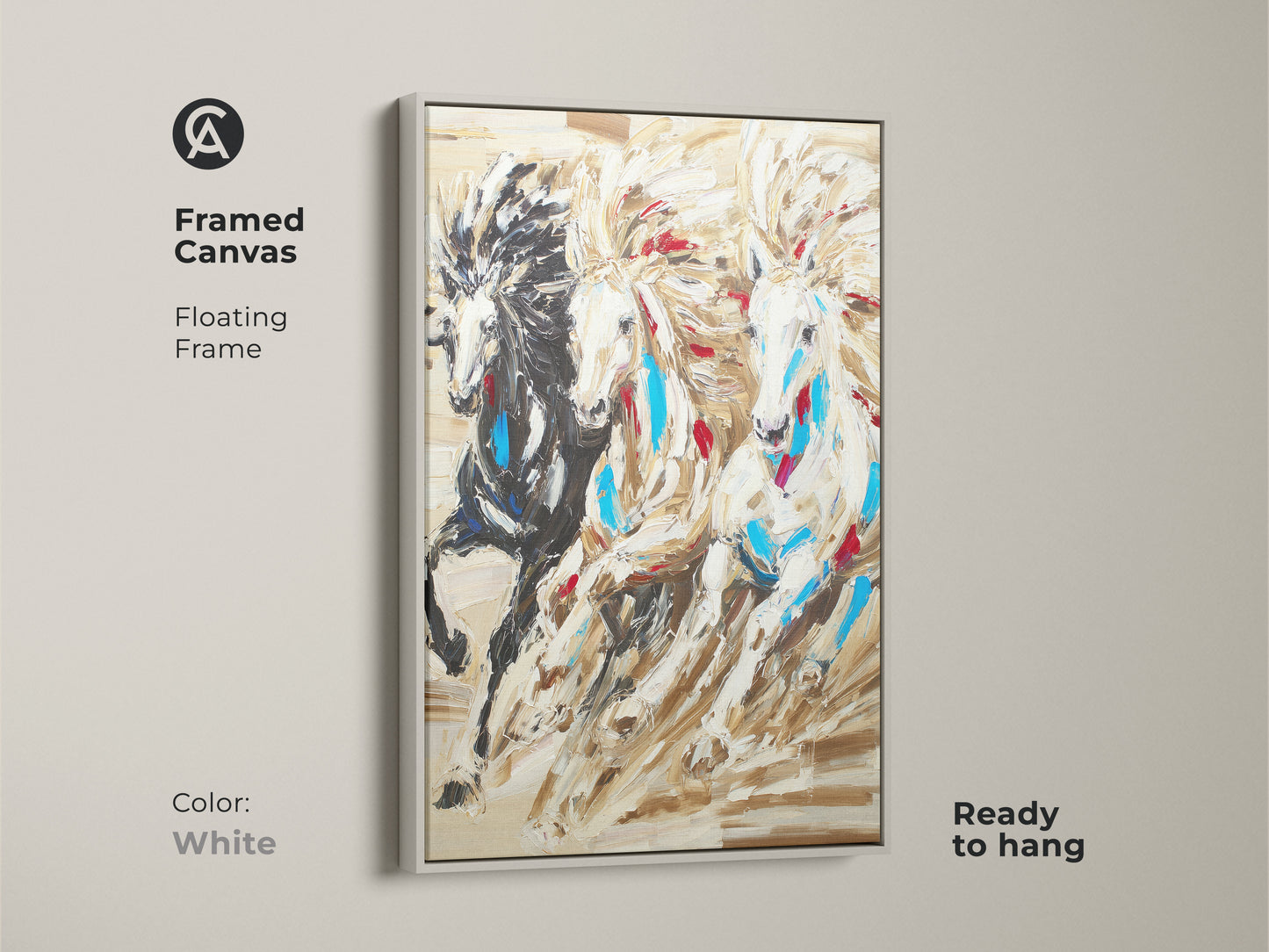 Framed canvas art featuring three horses running. A white floating frame highlights the spiritual animal decor. It is ready to hang and brings a modern eclectic touch to any wall.
