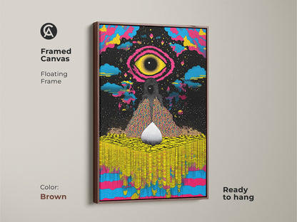 Framed canvas featuring the abstract cosmic eye art in brown. This psychedelic wall art combines yellow blue pink hues for an eclectic touch. Ready to hang making it perfect for art collectors.