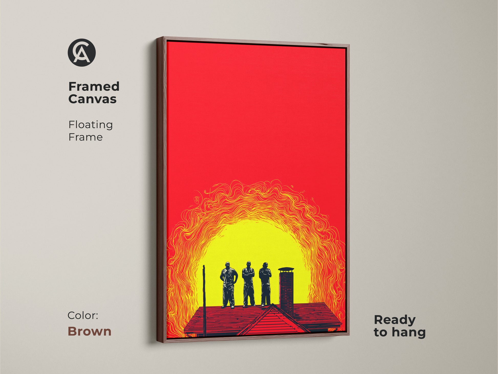 Crimson yellow abstract men on a rooftop in a framed canvas with a floating brown frame. This graphic wall art adds a contemporary touch to any office or home decor. This ready to hang artwork is a unique wall hanging. It is perfect for friends who appreciate modern decor.