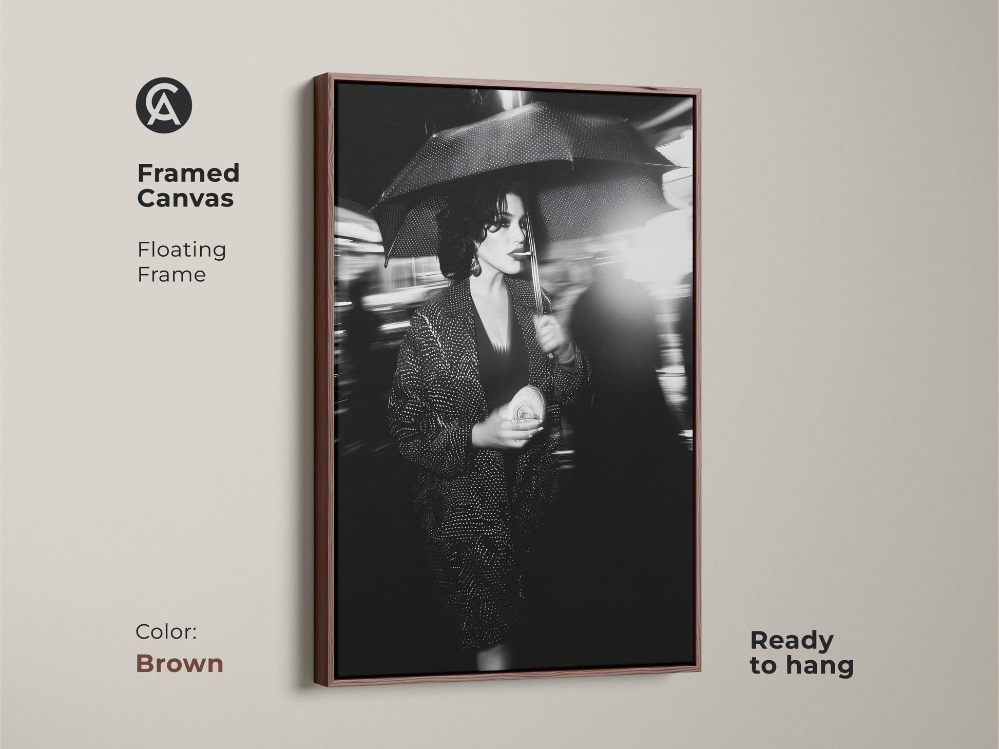 Elevate your decor with this framed canvas art. The brown floating frame enhances this black and white artwork. This street photography print arrives ready to hang. Showcase a woman with an umbrella. It adds urban chic to your home. This makes a sophisticated addition for any space.