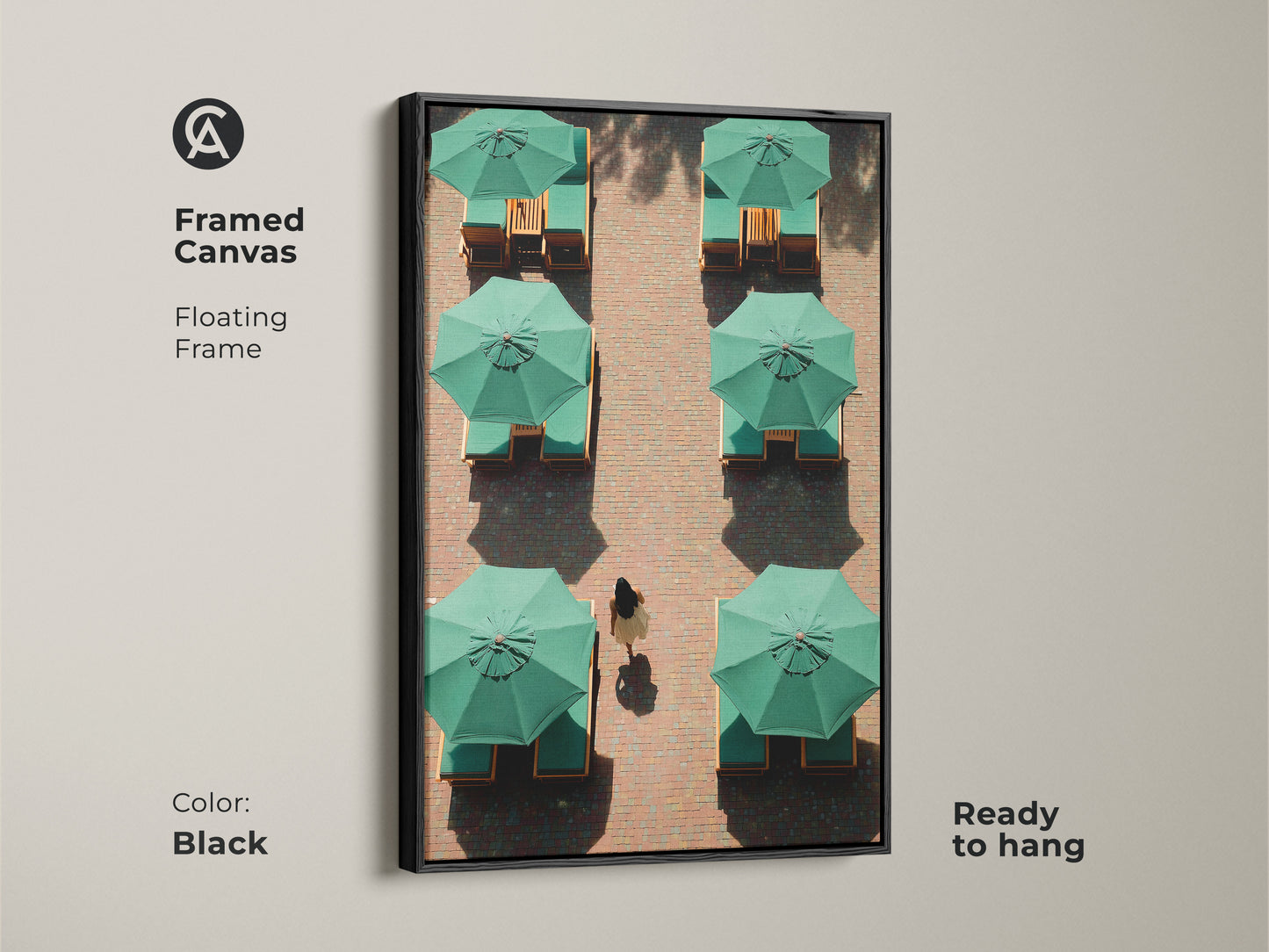 A framed canvas features minimalist green umbrella artwork. With a floating black frame this contemporary travel art is ready to hang. Perfect for modern office art this is a thoughtful housewarming gift.