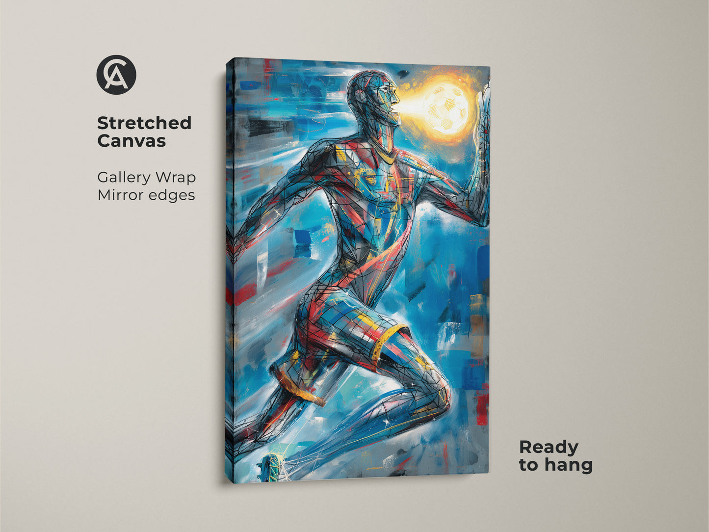 Abstract runner canvas art on a stretched canvas. It features a gallery wrap with mirrored edges. The blue red gold artwork is ready to hang. Add modern office decor to your space today. It makes a unique sports fan gift.