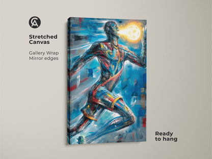 Abstract runner canvas art on a stretched canvas. It features a gallery wrap with mirrored edges. The blue red gold artwork is ready to hang. Add modern office decor to your space today. It makes a unique sports fan gift.