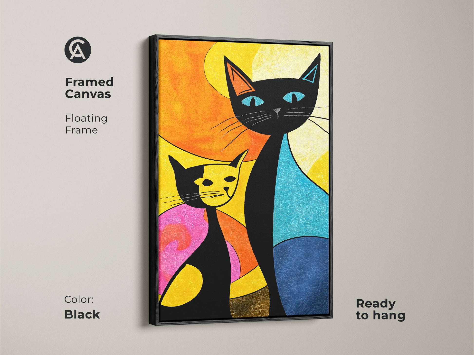 A framed canvas print of a cat artwork with a black floating frame. This colorful feline artwork features a black cat and a yellow cat. The framed canvas print is ready to hang and will be a great addition.