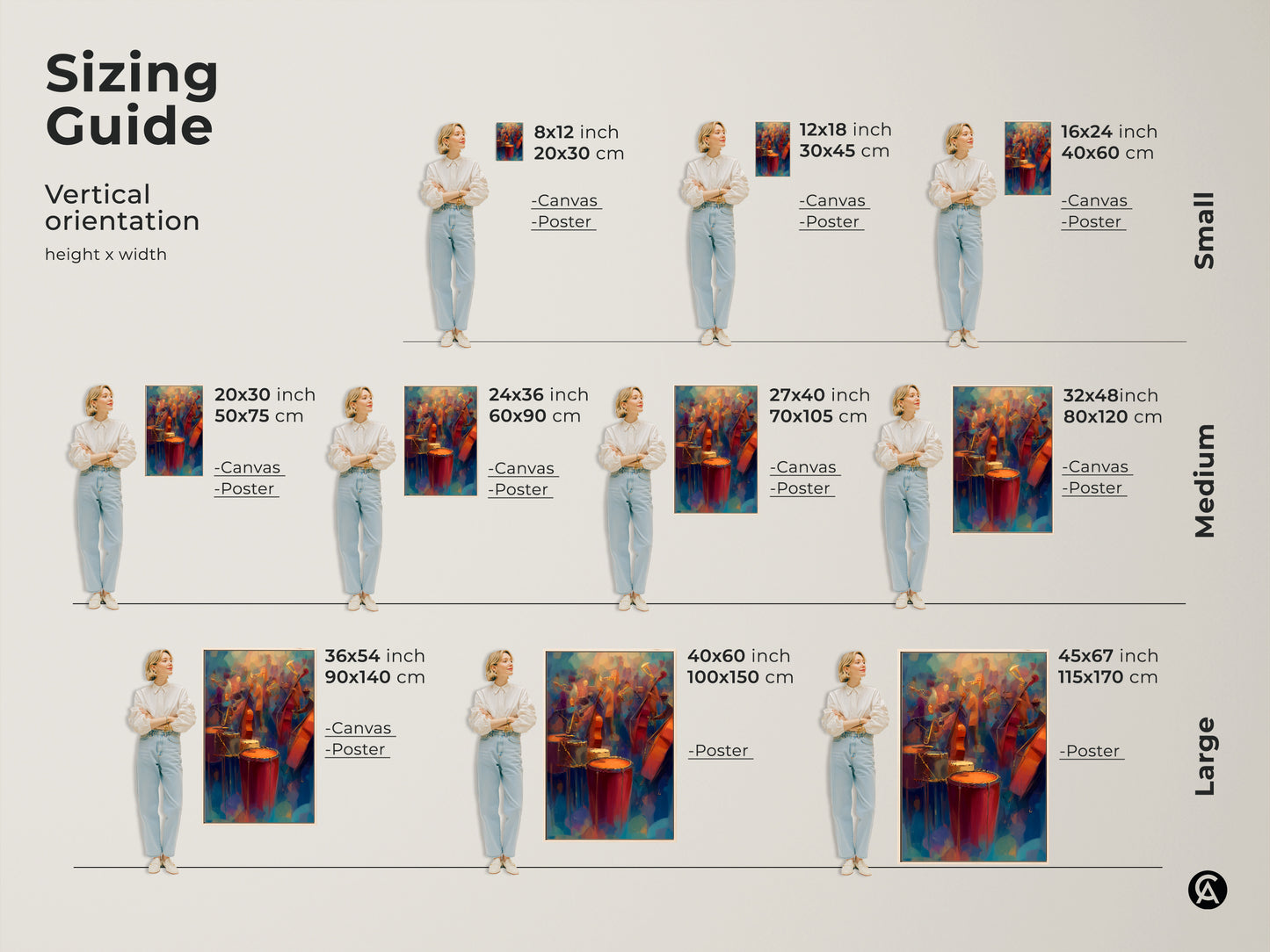 Sizing guide for abstract jazz art. View vertical orientations with various height and width options. Perfect for selecting canvas or poster sizes to match any room's dimensions.