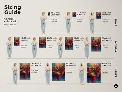 Sizing guide for abstract jazz art. View vertical orientations with various height and width options. Perfect for selecting canvas or poster sizes to match any room's dimensions.