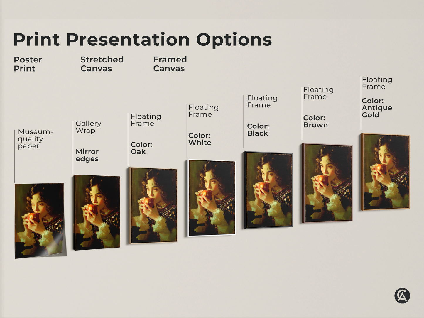 Explore print presentation options for traditional girl eating apple artwork. See poster print stretched canvas & framed canvas examples. Chiaroscuro style art in various frame colors like black brown antique gold & oak. Find the perfect fine art print for your home.