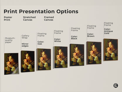 Explore print presentation options for traditional girl eating apple artwork. See poster print stretched canvas & framed canvas examples. Chiaroscuro style art in various frame colors like black brown antique gold & oak. Find the perfect fine art print for your home.