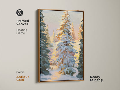 Impressionist winter deer art in a framed canvas with an antique gold floating frame. This rustic nature home decor brings a cozy accent to any space. Serene winter landscape art.