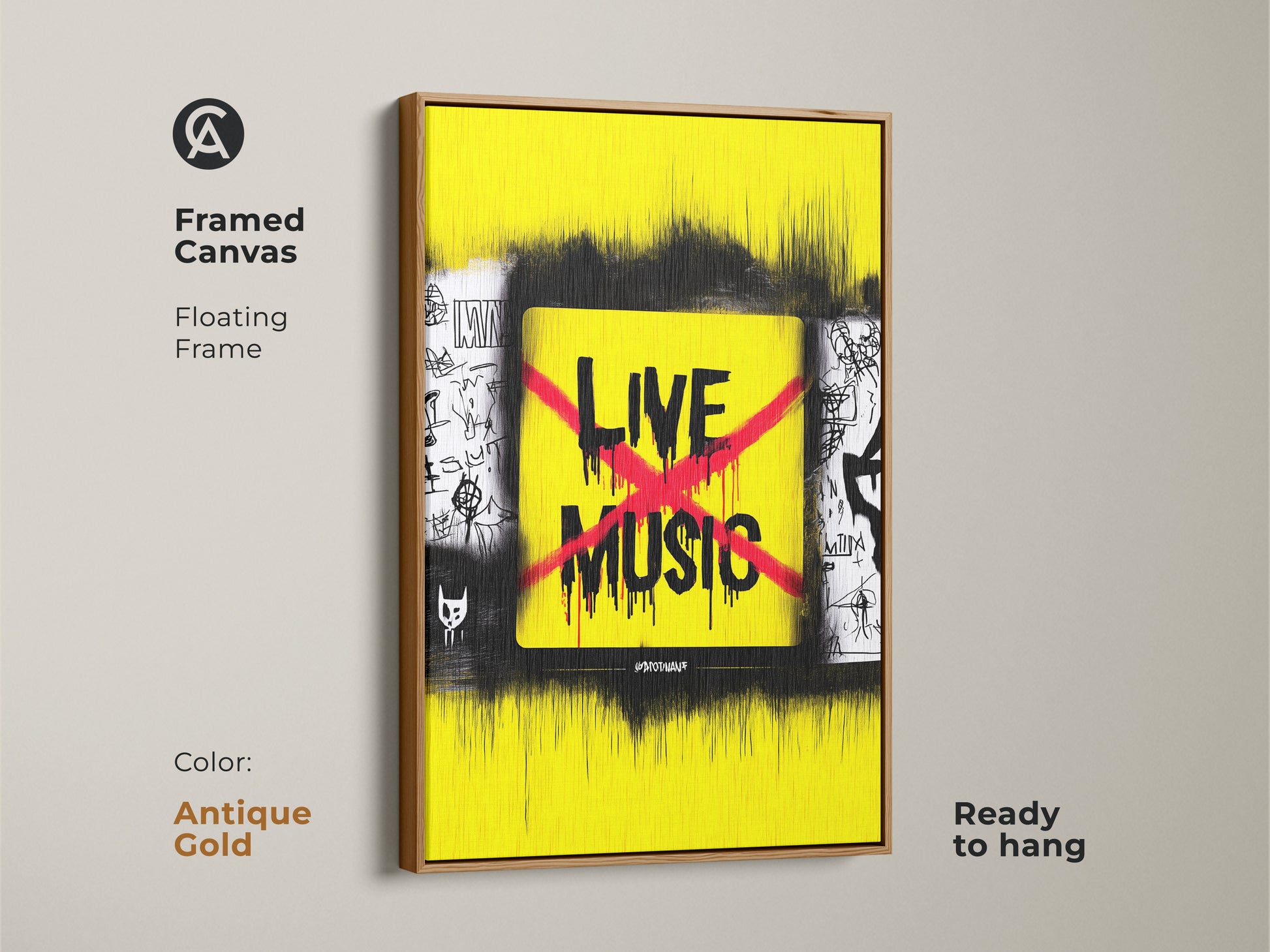 Framed canvas displaying live music art with an antique gold floating frame. The yellow and black urban graffiti artwork adds a vibrant touch. A unique music lover birthday gift idea.