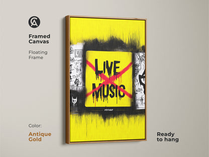 Framed canvas displaying live music art with an antique gold floating frame. The yellow and black urban graffiti artwork adds a vibrant touch. A unique music lover birthday gift idea.