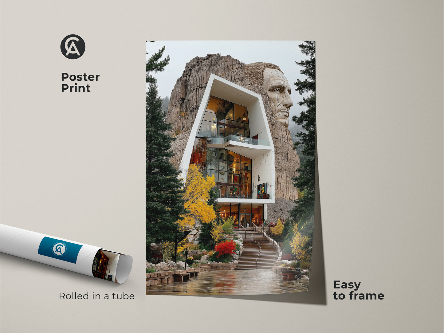 This poster print features a contemporary house art print integrated into a natural landscape. The architectural artwork shows a modern house facade set against a carved stone head. It's an abstract building art that is easy to frame. Great as a unique travel gift idea.