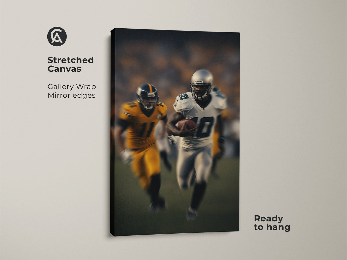 This stretched canvas art features a gallery wrap with mirror edges. The modern football action shot showcases a running back. Ready to hang this dynamic print will enhance your man cave or office decor.