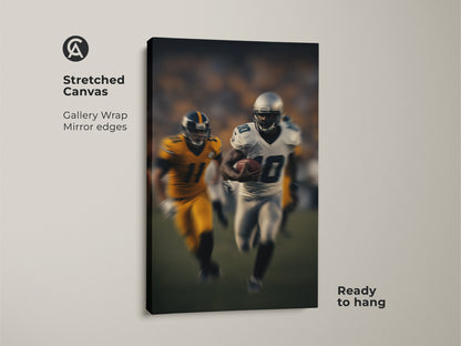 This stretched canvas art features a gallery wrap with mirror edges. The modern football action shot showcases a running back. Ready to hang this dynamic print will enhance your man cave or office decor.