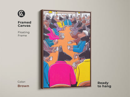 Dogs playing poker in a brown framed canvas. A floating frame enhances the artwork. This surreal dog art is ready to hang. The eclectic animal artwork brings a playful retro vibe. It adds color and character to a den or office.