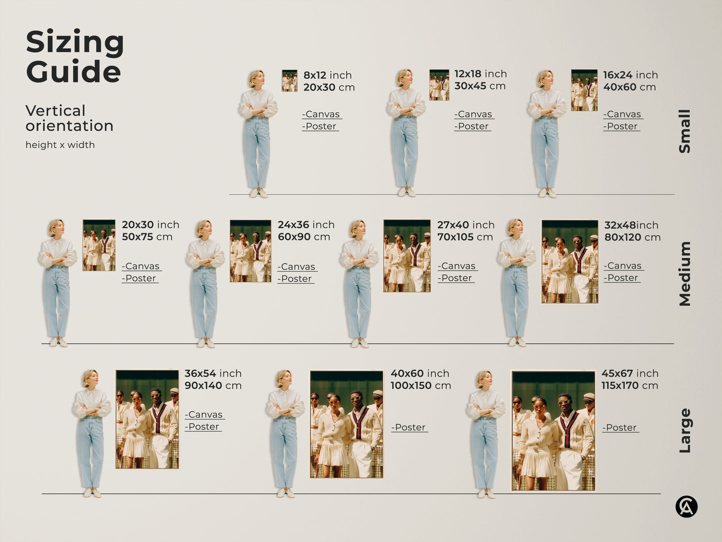 Sizing guide for vertical artwork. Options include canvas and poster in small medium and large. A group in tennis attire is featured. Sizes range from 8x12 inches to 45x67 inches.