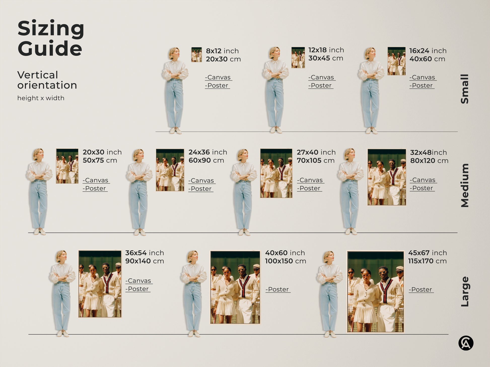 Sizing guide for vertical artwork. Options include canvas and poster in small medium and large. A group in tennis attire is featured. Sizes range from 8x12 inches to 45x67 inches.