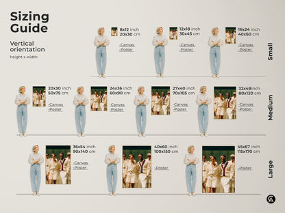 Sizing guide for vertical artwork. Options include canvas and poster in small medium and large. A group in tennis attire is featured. Sizes range from 8x12 inches to 45x67 inches.