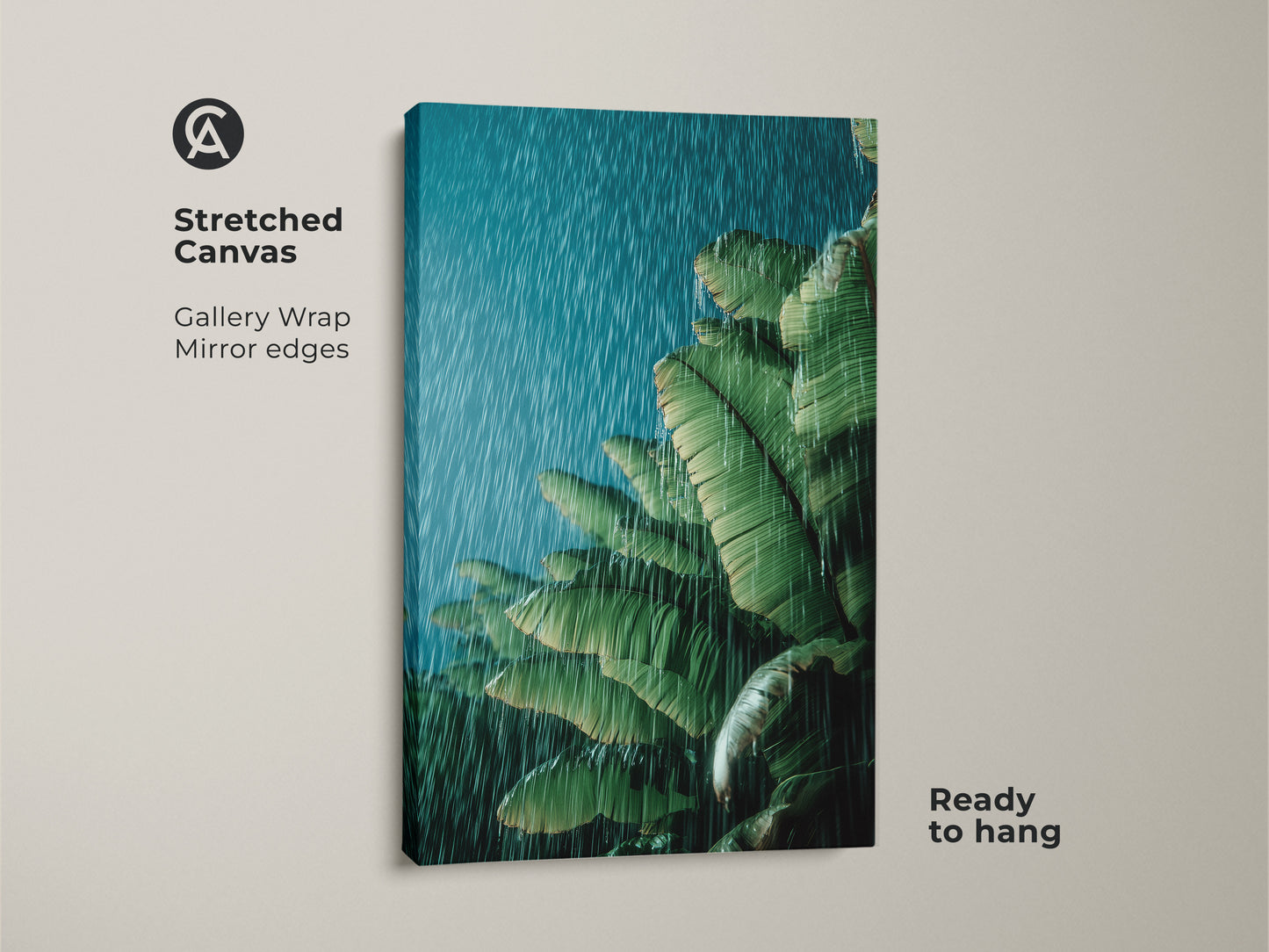 Stretched canvas showcasing tropical banana leaf art in a rain shower. The green botanical wall art is ready to hang. Gallery-wrapped with mirrored edges. Perfect boho plant lover gift for housewarming tropical decor. Nature inspired wall art brings tranquil vibes to any living space or office plant wall.
